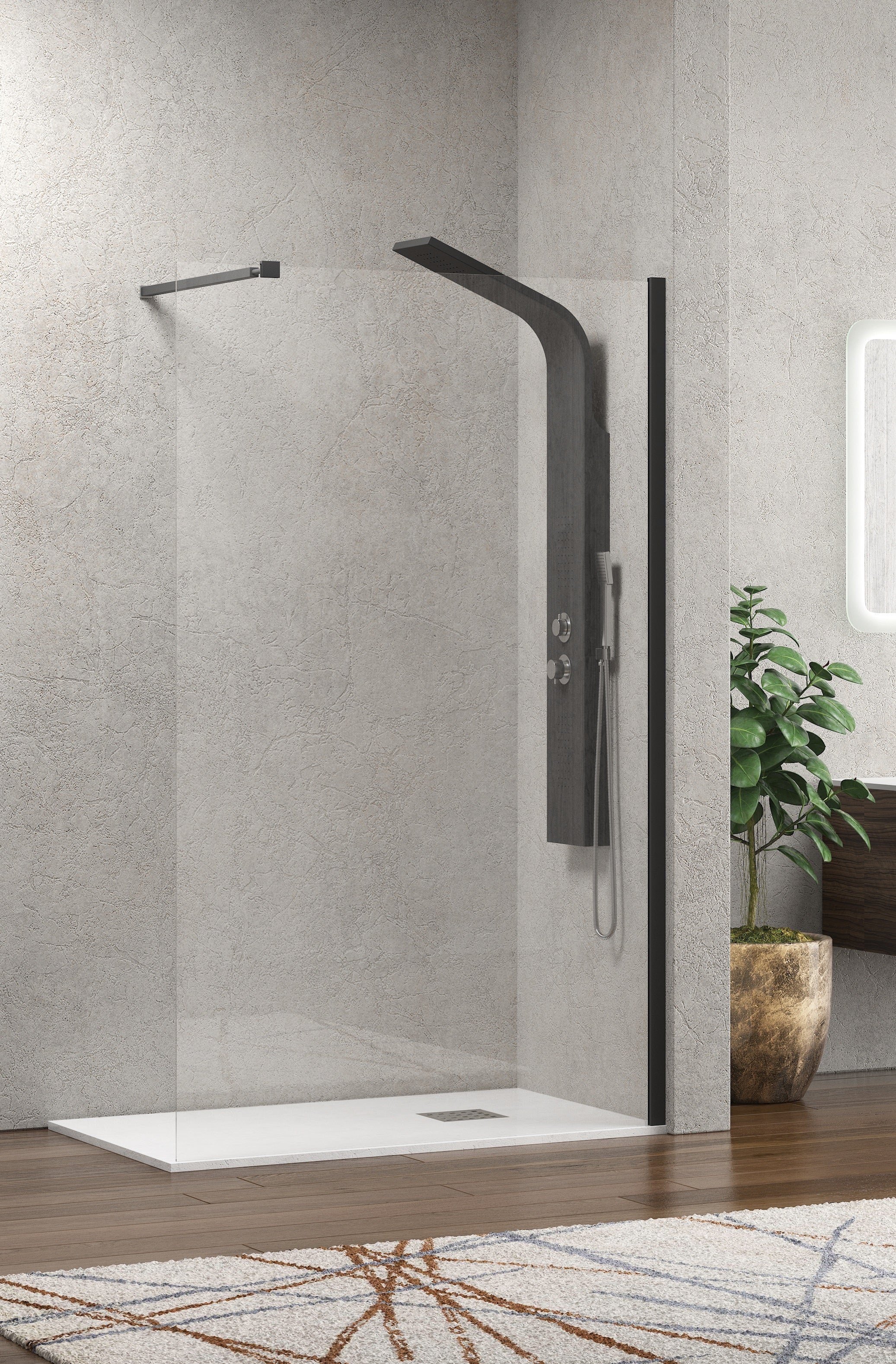 Walkin 1 Nero - 60х200 см. - черен обков; статичен параван с 8 мм закалено стъкло, черен алуминиев профил, анти-калк, регулиране 58-60 см, KERANOVA онлайн магазин