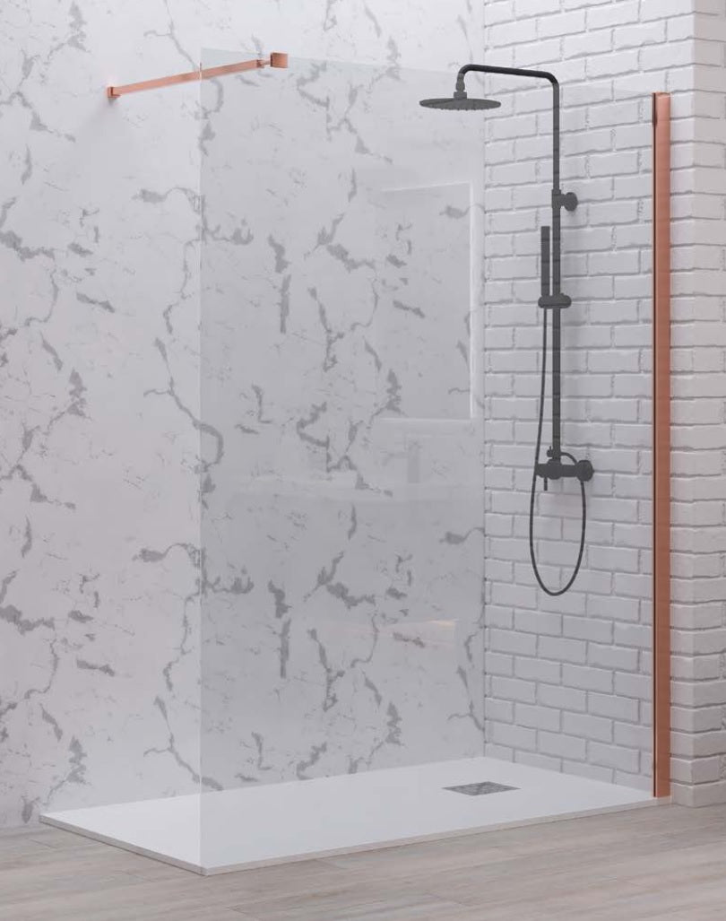 Walkin 1 Rose Gold - 90х200 см. - драскано розово злато. Статичен параван за баня с розово злато профил, 8 мм закалено стъкло, височина 200 см - KERANOVA онлайн магазин