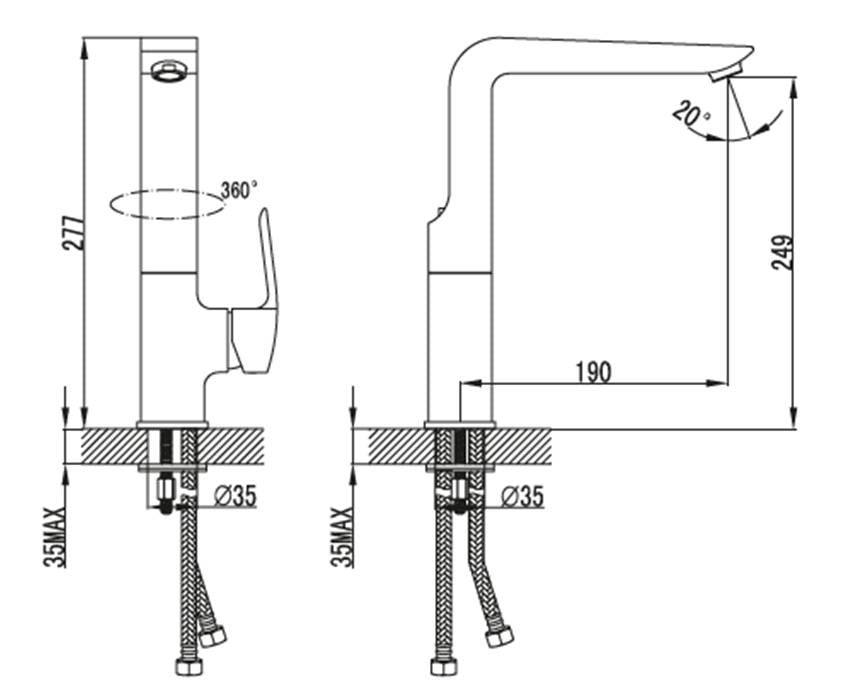 Кухненски смесител ZB с въртящ чучур, технически чертеж с размери 277/249 мм, онлайн магазин за обзавеждане за бани KERANOVA