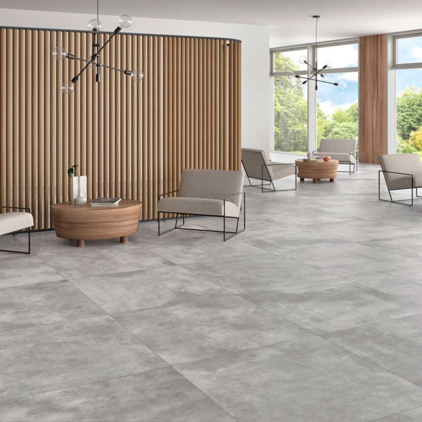 Zermatt 100x100 см. - Keratile гранитогрес в модерен салон с матова каменна повърхност, KERANOVA онлайн магазин